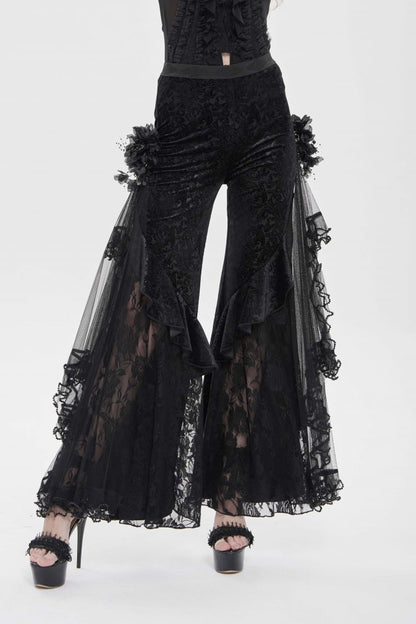 Black Embroidered Lace Women's Printed Mesh Floral Gothic Pants