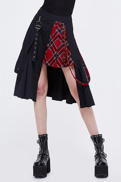 Black And Red Young Girls Fake 2 Pieces Scottish Plaid With Adjust Loops Punk Skirt