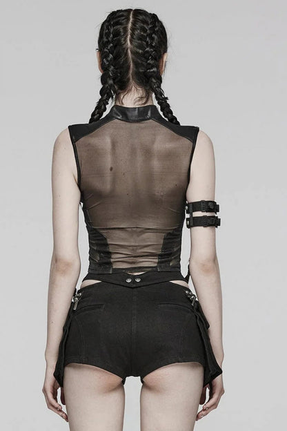 Black Leather Stitching Mesh Sheer Womens Steampunk Vest