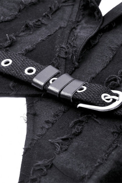 Black Peak Lapel Collar Long Sleeves Irregular Distressed Women's Gothic Punk Coat with Belt