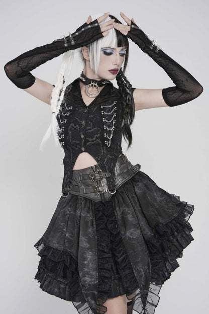 Black Off Shoulder Lace-Up Irregular Chain-Decorated Women's Punk Vest