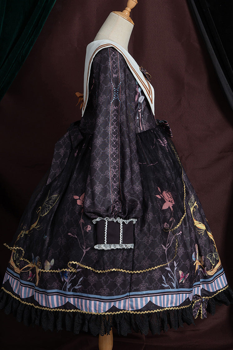Black Navy Collar Long Sleeves Butterfly Print Ruffle Bowknot Gothic Elegant Princess Lolita Dress