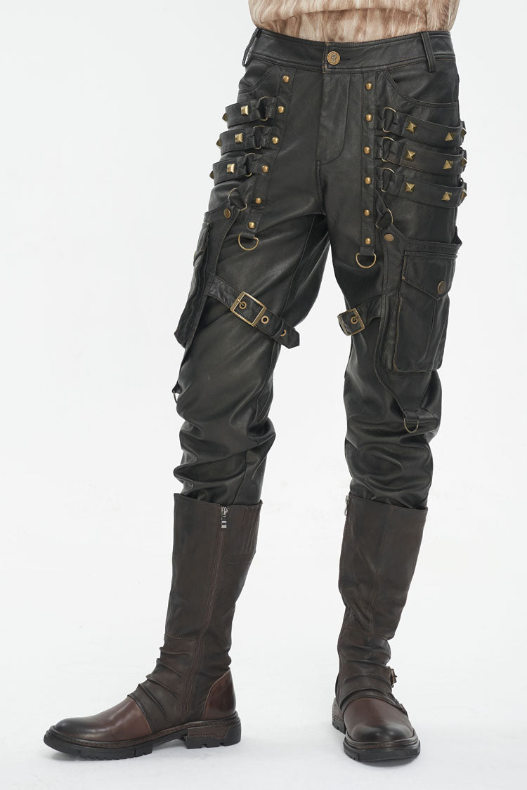 Black Big Pocket Bronze Studded Faux Leather Men's Gothic Pants