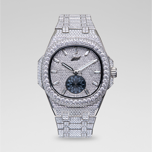 39MM Visionary Fully Iced Case & Steel Band Watch - White Gold