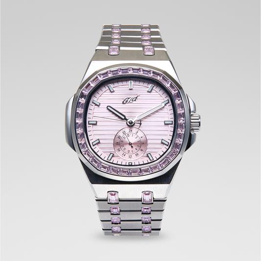 39MM Visionary Moissanite Iced Pink Stone Band Watch - White Gold