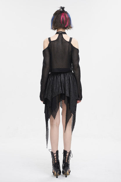 Black Off Shoulder Buckle Sheer Crop Women's Punk Shirt
