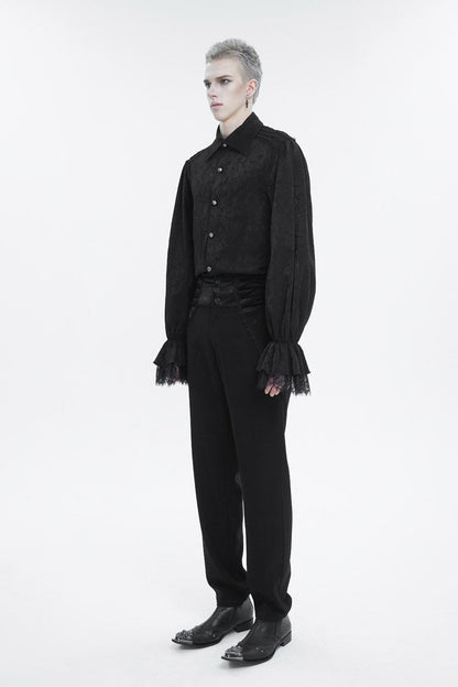 Black Lapel Collar Puff Sleeved Lace Hem Men's Gothic Shirt