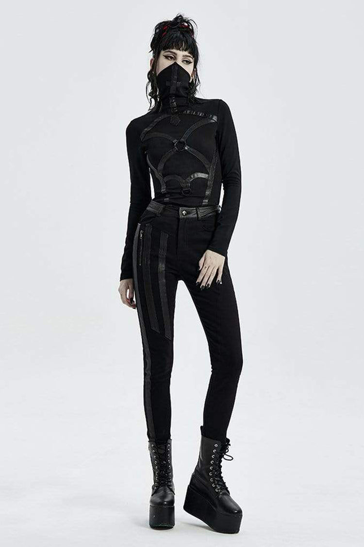 Black High Collar Long Sleeve Front Metal Ring Woven Tape Decoration Irregular Hem Women's Punk T-Shirt