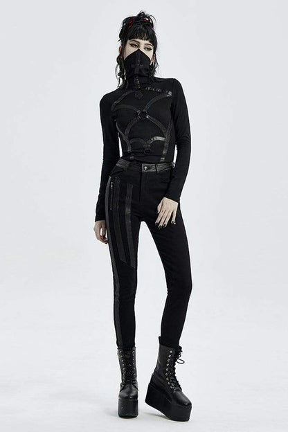 Black High Collar Long Sleeve Front Metal Ring Woven Tape Decoration Irregular Hem Women's Punk T-Shirt