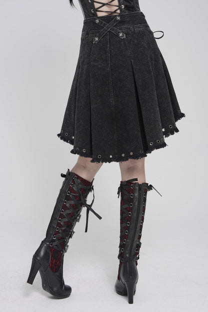 Black Lace-Up Pleated Eyelet Women's Punk Skirt