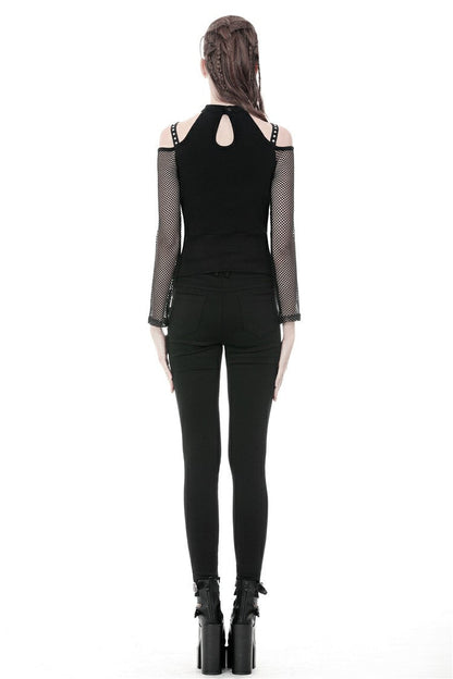 Black Off Shoulder Long Sleeves Lace-Up Mesh Women's Punk Top