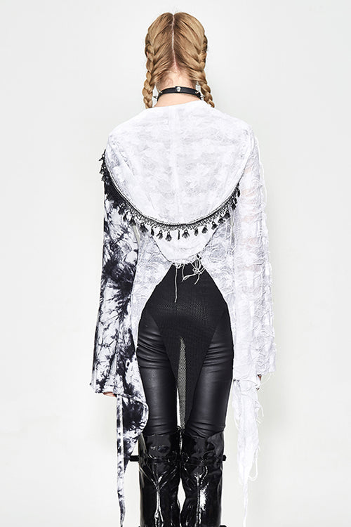 Black And White Tie Dyed Jersey Hooded Punk Asymmetrical Womens Coat