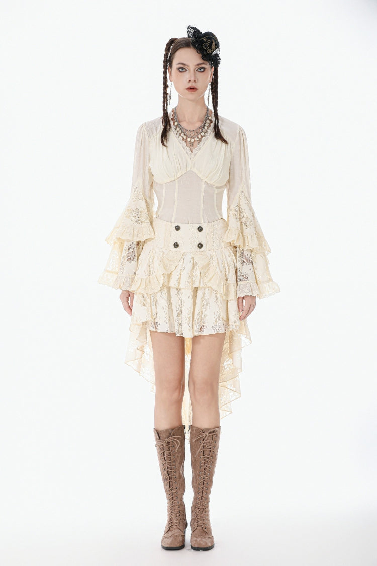 Beige V Collar Long Trumpet Sleeves Multi-Layered Lace-Up Women's Stempunk Blouse