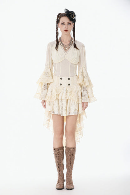 Beige V Collar Long Trumpet Sleeves Multi-Layered Lace-Up Women's Stempunk Blouse