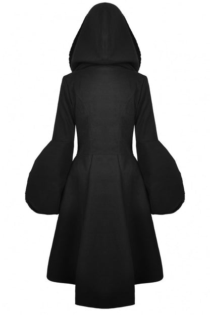 Black Lapel Collar Long Sleeves Women's Gothic High Low Woolen Dovetail Coat with Hood