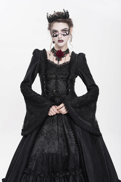 Black Long Sleeves Floral Embroidery Lace-Up Pleated Women's Gothic Dress
