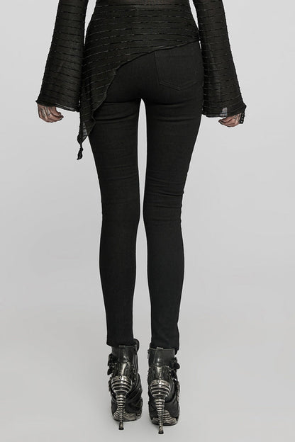 Black Faux Leather Stitching Lace-Up Slim Skinny Women's Punk Jeans Pants