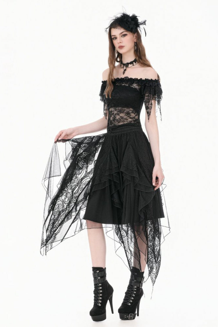 Black Off Shoulder Floral Sheer Lace Women's Gothic Top