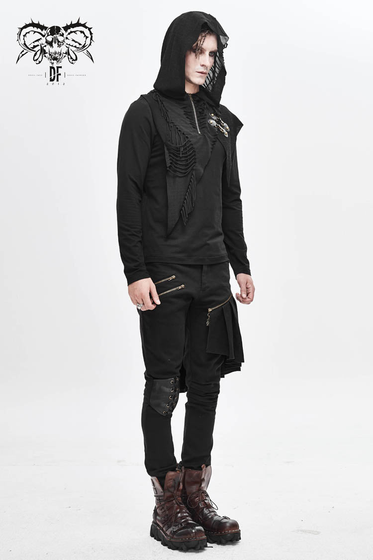 Black Long Sleeves Asymmetric Tatters Strip Leather Metal Loop Hooded Men's Punk T-Shirt