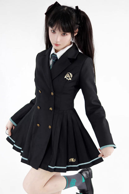Black Long Sleeves Ginkgo Leaves Japanese School Suit Dress