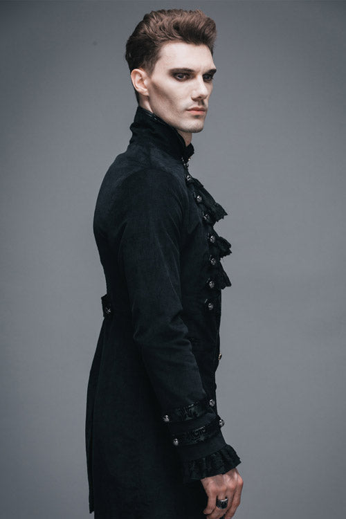 Black Fake Two Pieces Embroidered Turn Down Collar Long Sleeves Velvet Mens Gothic Coat