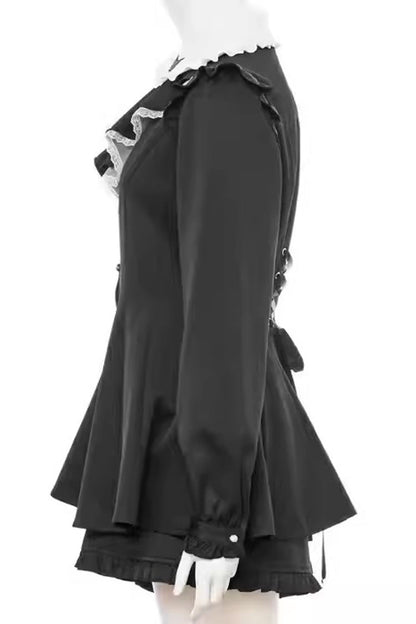 Black Long Sleeves Kuromi Embroidery Bowknot Jirai Kei Japanese Dress Shorts Set