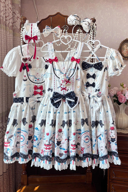 Beige [Mystery Rabbit Tea Party] Square Collar Short Sleeves Print Ruffle Bowknot Lace Sweet Lolita Dress