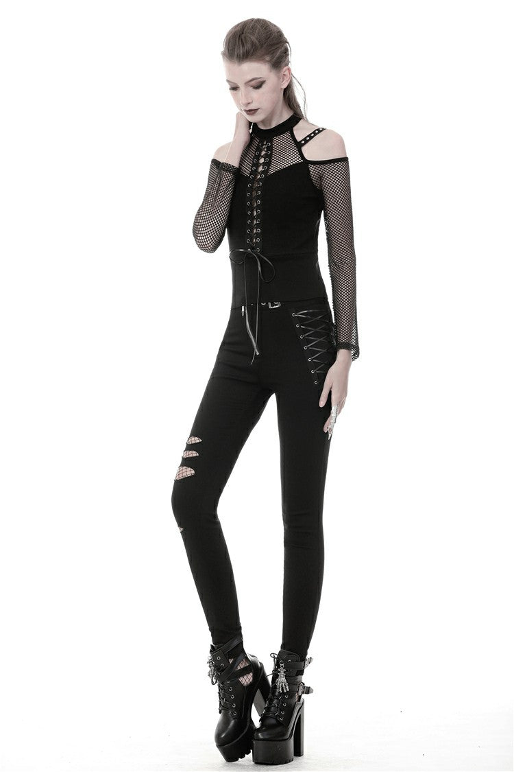 Black Off Shoulder Long Sleeves Lace-Up Mesh Women's Punk Top