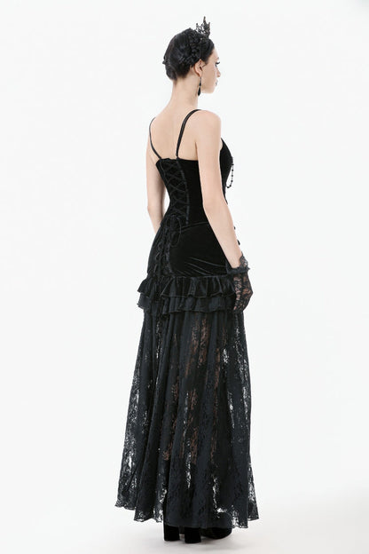Black Multi-Layered Ruffled Velvet Spliced Lace Lace-Up Women's Gothic Long Skirt