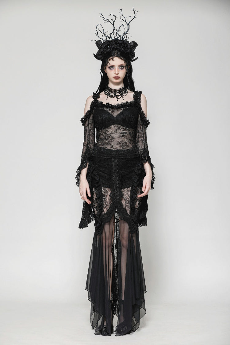 Black Lace-Up Mesh Spliced Lace Women's Gothic Fishtailed Skirt