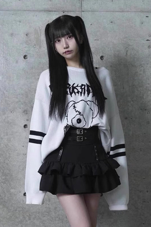 Black High Waisted Ruffle Leather Buckle Gothic Jirai Kei Japanese Skirt