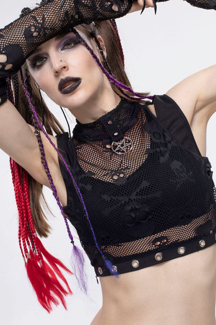 Black Gothic Cotton Knitted Fabric Fake Two-Piece Small Stand Up Collar Patchwork Skull Mesh Super Short Women's Vest