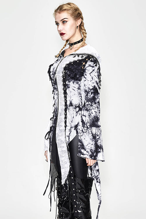 Black And White Tie Dyed Jersey Hooded Punk Asymmetrical Womens Coat