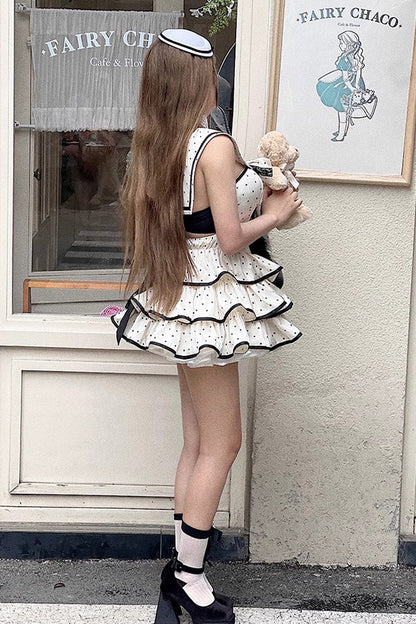 Apricot Multi-layer Polka Dots Print Navy Doll Ruffle Bowknot Sweet Lolita Tiered Dress