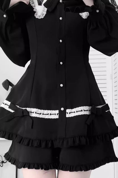 Black Long Sleeves Ruffled Bow Gothic Jirai Kei Dress Shorts