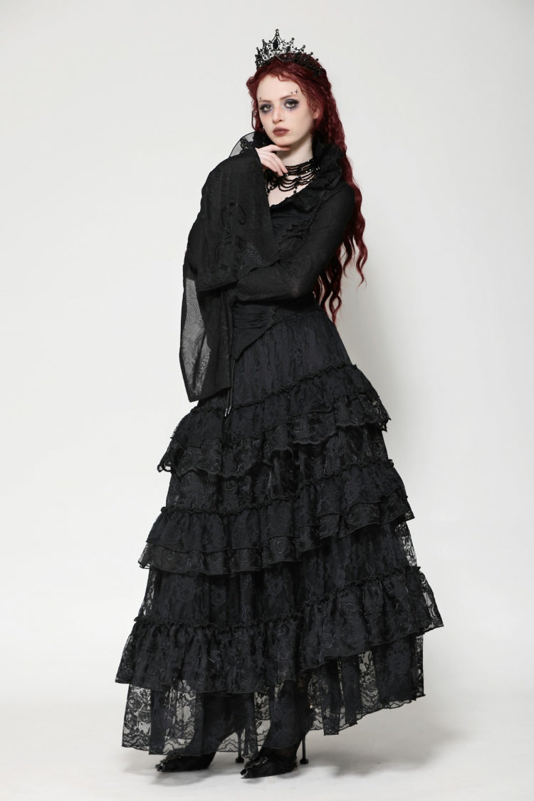 Black Lace Ruffled V Stand Collar Long Flared Sleeves Jacquard Women's Gothic Blouse