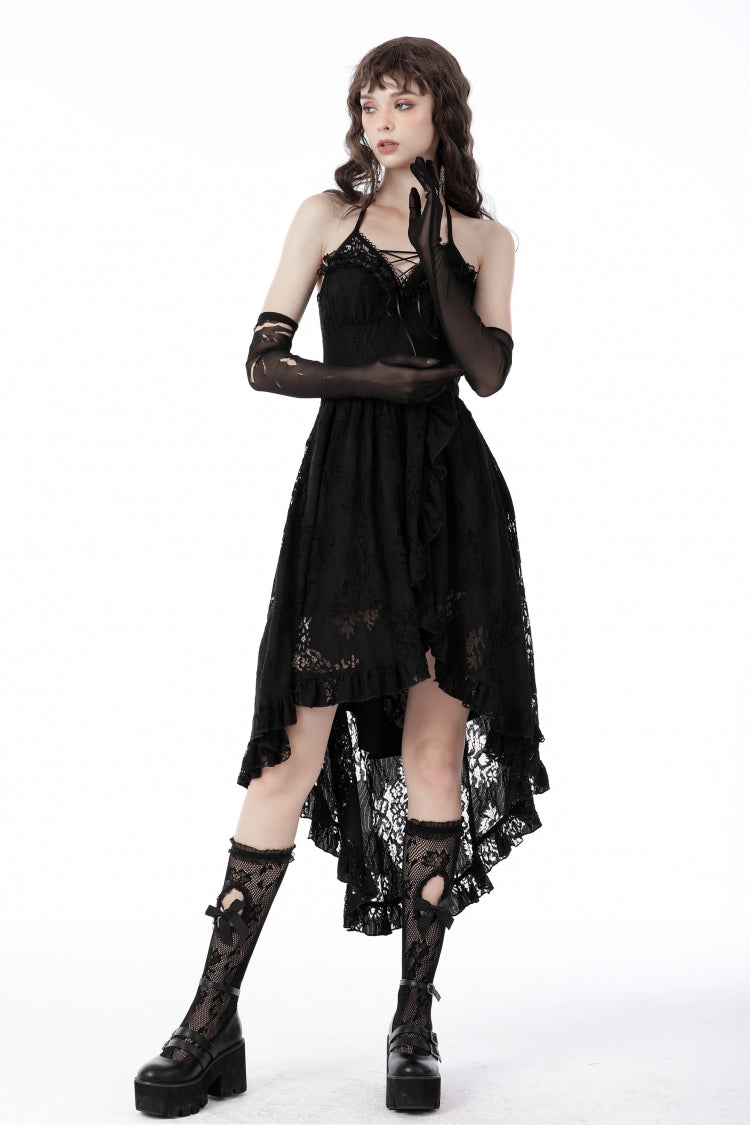 Black Off Shoulder Halterneck Ruffled Lace-Up Swallow Tail Floral Lace Women's Gothic Dress