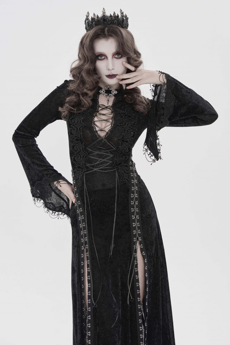 Black Halterneck Long Trumpet Sleeves Hanayome Lace Lace-Up Slim Chain-Decorated Women's Gothic Dress Plunging Split Maxi Dress