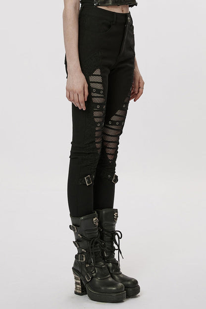 Black Hollow Japanese Buckles Stitching Mesh Women's Gothic Leggings