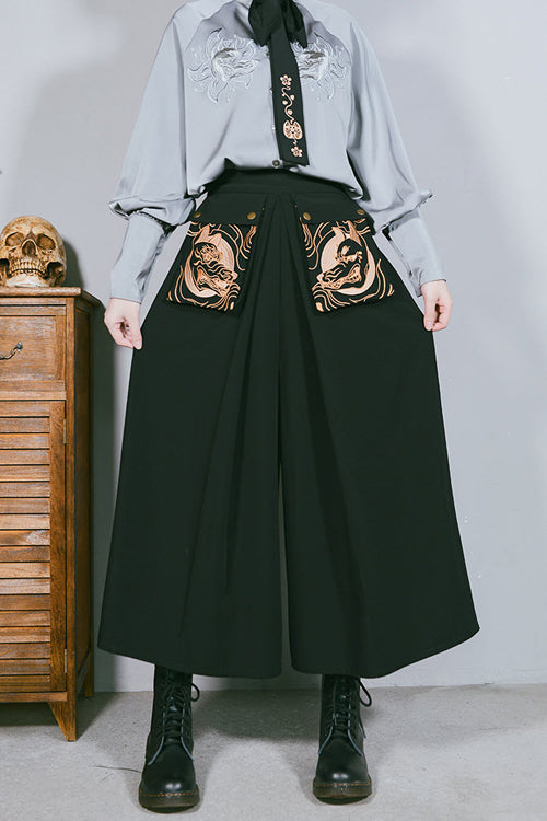 Black Mysterious Demons Embroidered Ouji Lolita Wide Leg Trousers