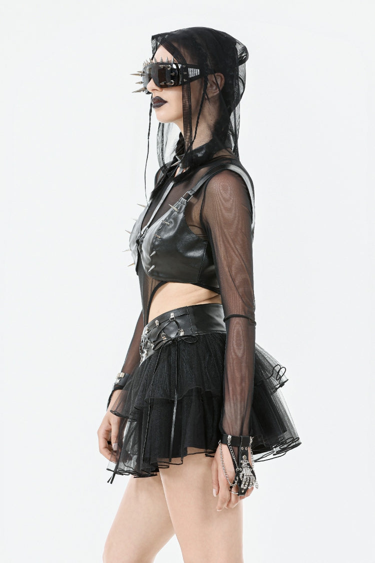 Black Multi-Layered Lace Mesh Women's Punk Short Skirt with D-Ring Ties Waist