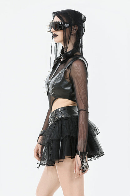 Black Multi-Layered Lace Mesh Women's Punk Short Skirt with D-Ring Ties Waist
