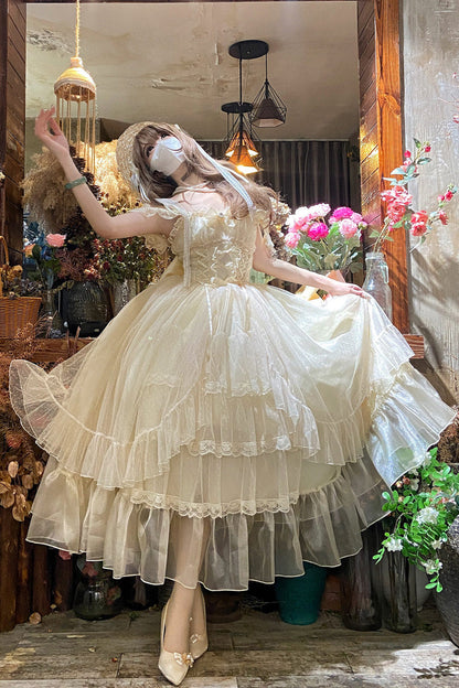 Apricot [Moonlight Sonata] Ruffle Cardigan Bowknot Lace Sweet Vintage Lolita Jsk Dress