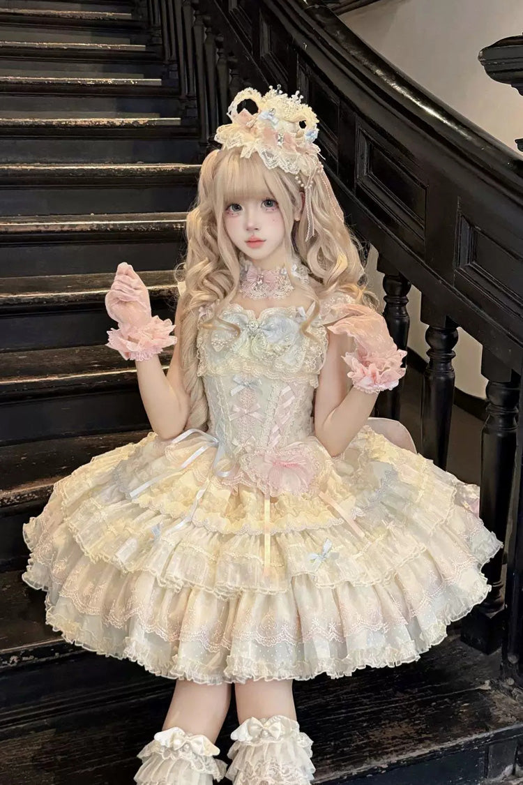 Apricot/Pink [Cloudwhale Dreamweaver] Square Collar Multi-Layered Ruffled Bow Lace Sweet Lolita Jsk Dress