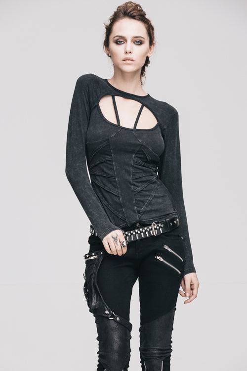 Black Hollow Out Long Sleeves Womens Punk Straps T-Shirt