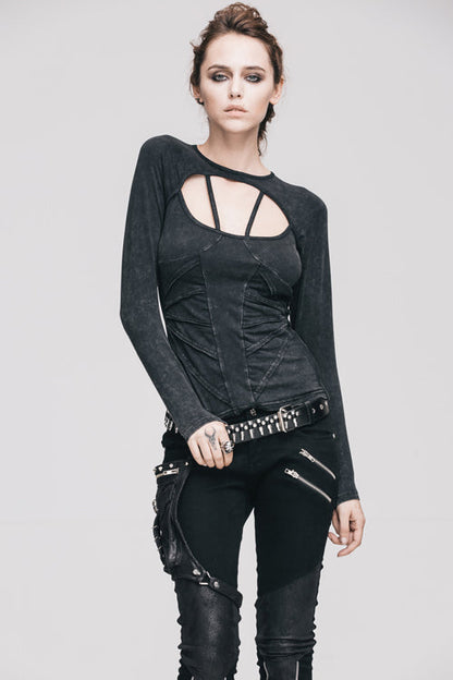 Black Hollow Out Long Sleeves Womens Punk Straps T-Shirt