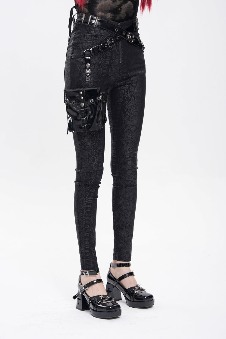 Black Print Buckle Straps Women's Punk Pants with Leg Bag