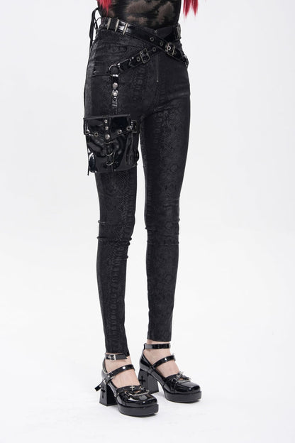 Black Print Buckle Straps Women's Punk Pants with Leg Bag