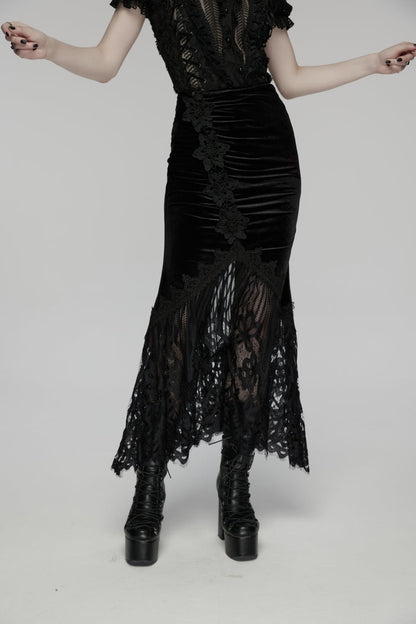Black Embroidered Lace Slim Women's Gothic Fishtail Velvet Skirt