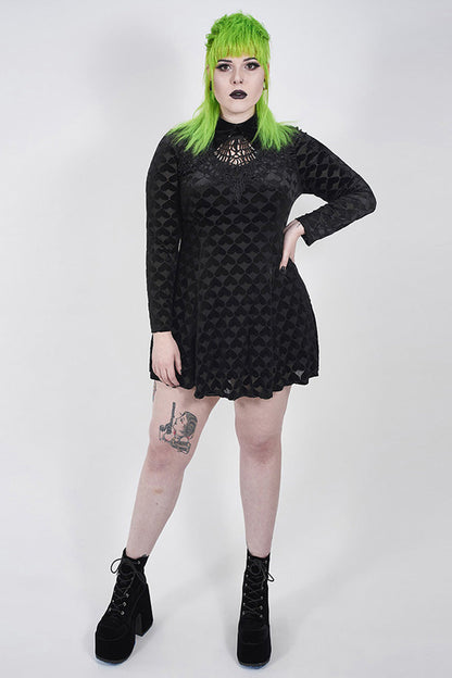Black Front Chest Hollow-Out Decals Long Sleeve Back Waist Lace-Up Plus Size Mercerized Velvet Print Women's Gothic Dress